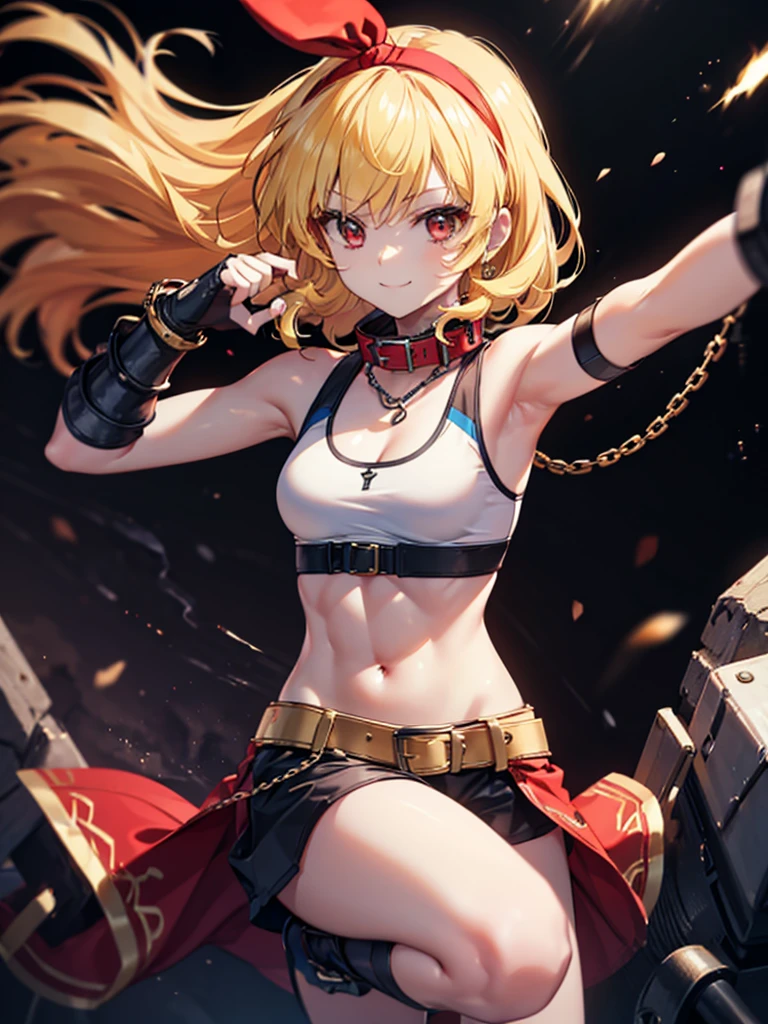 (RED Ribbon on HAIRband:1.2),A boyish female warrior with short yellow-white messy hair, wearing metal gauntlets, in a fighting stance, smiling, revealing clothing, small breasts, toned muscles, and a slender build Electricity is emitted from both hands, sports bra type armor, armor from the waist to the knees, supple legs, black bangles on the upper arms, and a collar with a chain