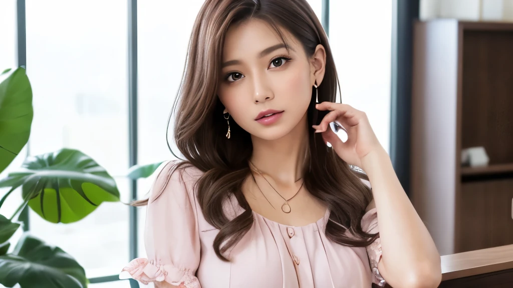Highest quality、High resolution、8k wallpaper、Dense and beautiful eye-glue hair、(Beautiful breasts:1.3)、Natural color lip、25歳のwoman、woman、Brown Hair、Angry expression、Tilt your head、Semi-long hair、Hair tied up、Wearing a necklace and earrings、Frilly light pink blouse、work、Short sleeves、indoor、IT industry、Large office、Receptionist