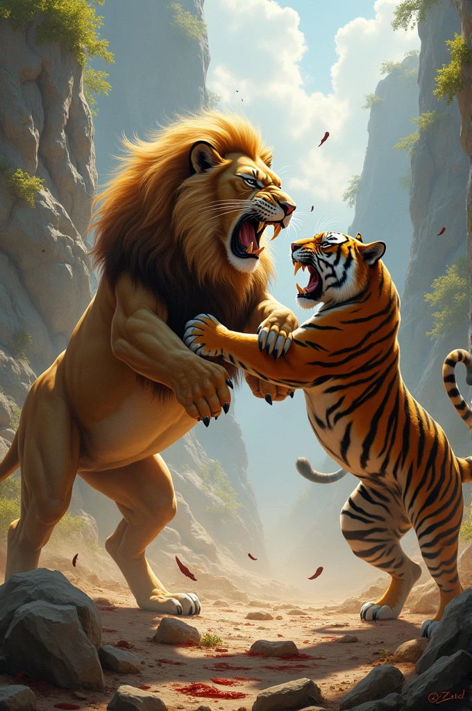 Lion fighting tiger 