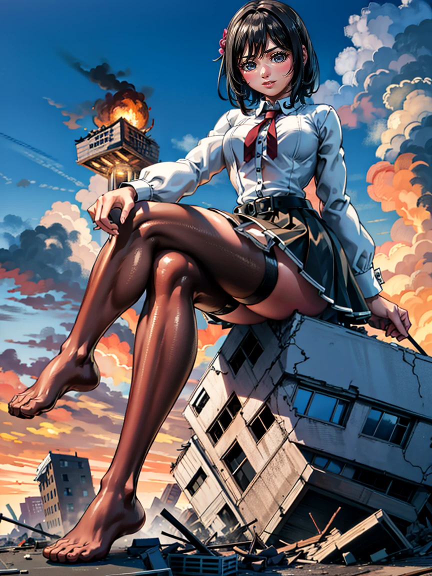 （Giant Elements、High resolution、High resolution、high quality、Accurate body structure、Detailed body）Towering Giant Girl, 50,000 feet high、Looking up at the approaching woman from below、Giantが街を攻撃、Cute Woman、Destroy a small town淫乱な女性、Destroy a small town、Mischievous look、Swing your legs up、high school girl、White shirt、Check skirt、ribbon、Glowing Skin、Giant、smile、Trampling buildings、rubble、Burning Small Town、Destroyed small building、Spooky sky、hell、Collapsed highway、Cars are crushed、Evacuated residents、sunset、Burning Small Town、please、walk、Looming、Trampling、Anatomically correct、Accurate human body、Accurate skeleton、Full body portrait、Bob Hair、Black Hair、Red eyes、足元に散らばるrubble、taller than a skyscraper、Major impact、wonderful、Giant Elements、Draw a woman in a big way、Increase the destructive element、Making cities smaller