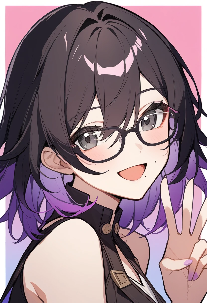 1girl, honkai star rail style, solo, looking at viewer, smile, open mouth, black hair, upper body, purple hair, :d, multicolored hair, glasses, sleeveless, medium hair, mole, (black eyes:1.5), v, gradient hair, border, pink background, mole under mouth, black-framed eyewear