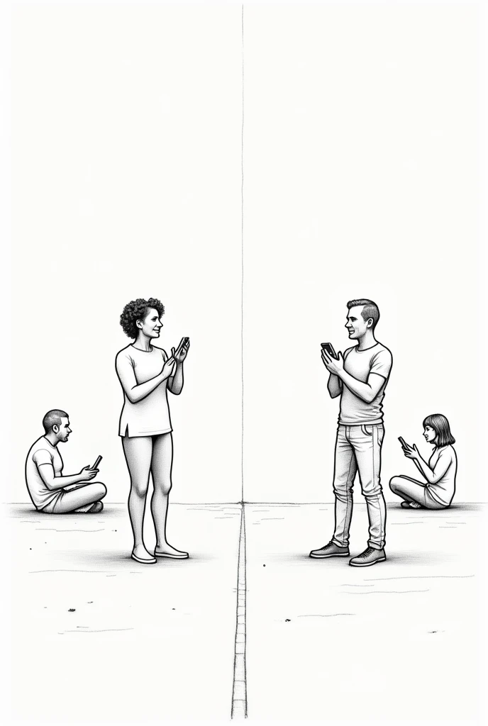 Drawing of two people standing separated by a horizontal line on the ground 5 meters from left to right and each person is applauding and each person has another person sitting on the ground behind them with a cell phone and a notebook on the ground.