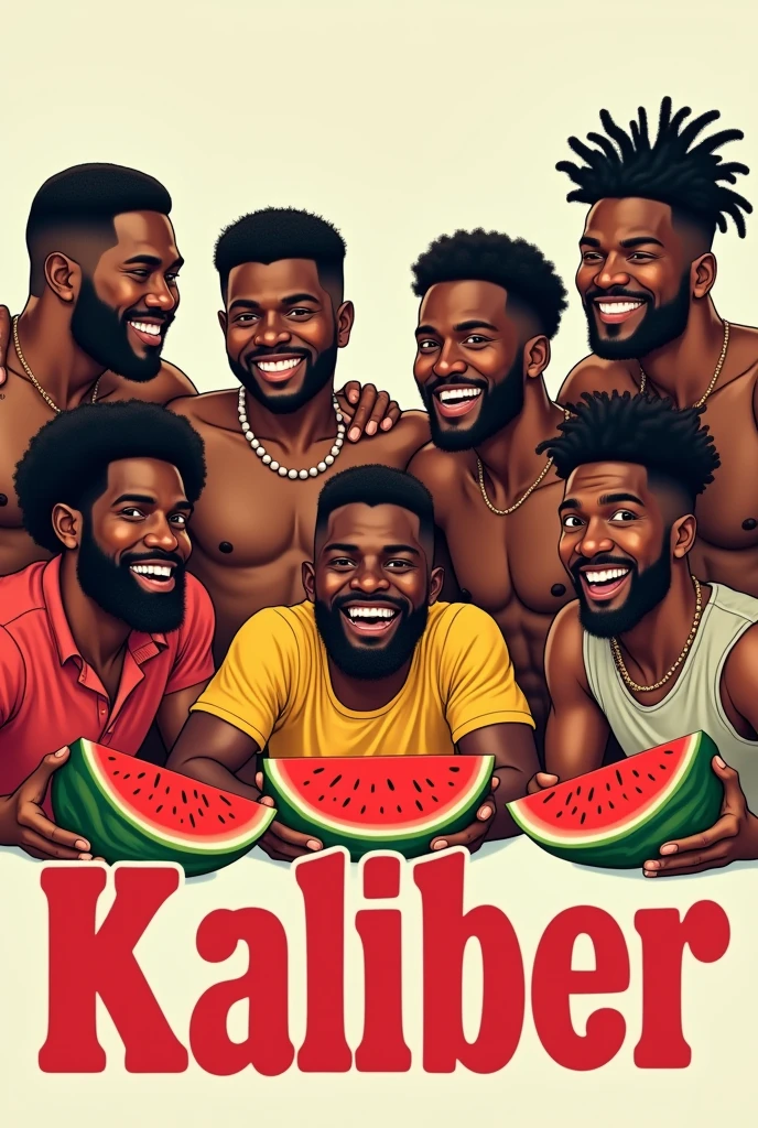 black guys eating watermelon with the word kaliber below it in bold print