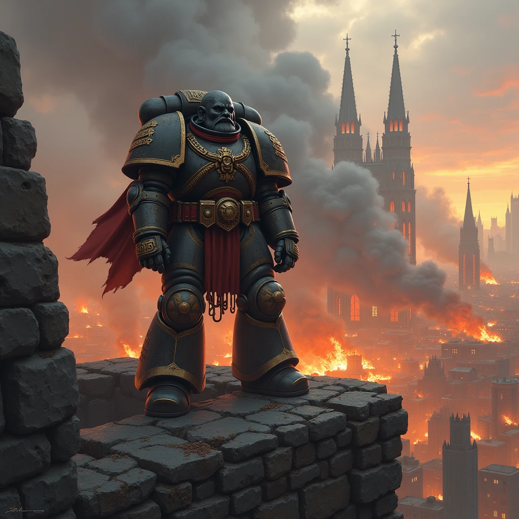 --prompt a digital painting of a Space Marine standing on top of a crumbling wall, holding a bolter, dramatic lighting, background of a burning city, Warhammer 40k, cinematic --style best of artstation --ar 3:2