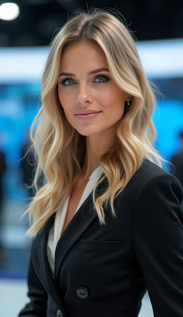 Very beautiful blonde woman, announcer, news caster, slim, Small breasts