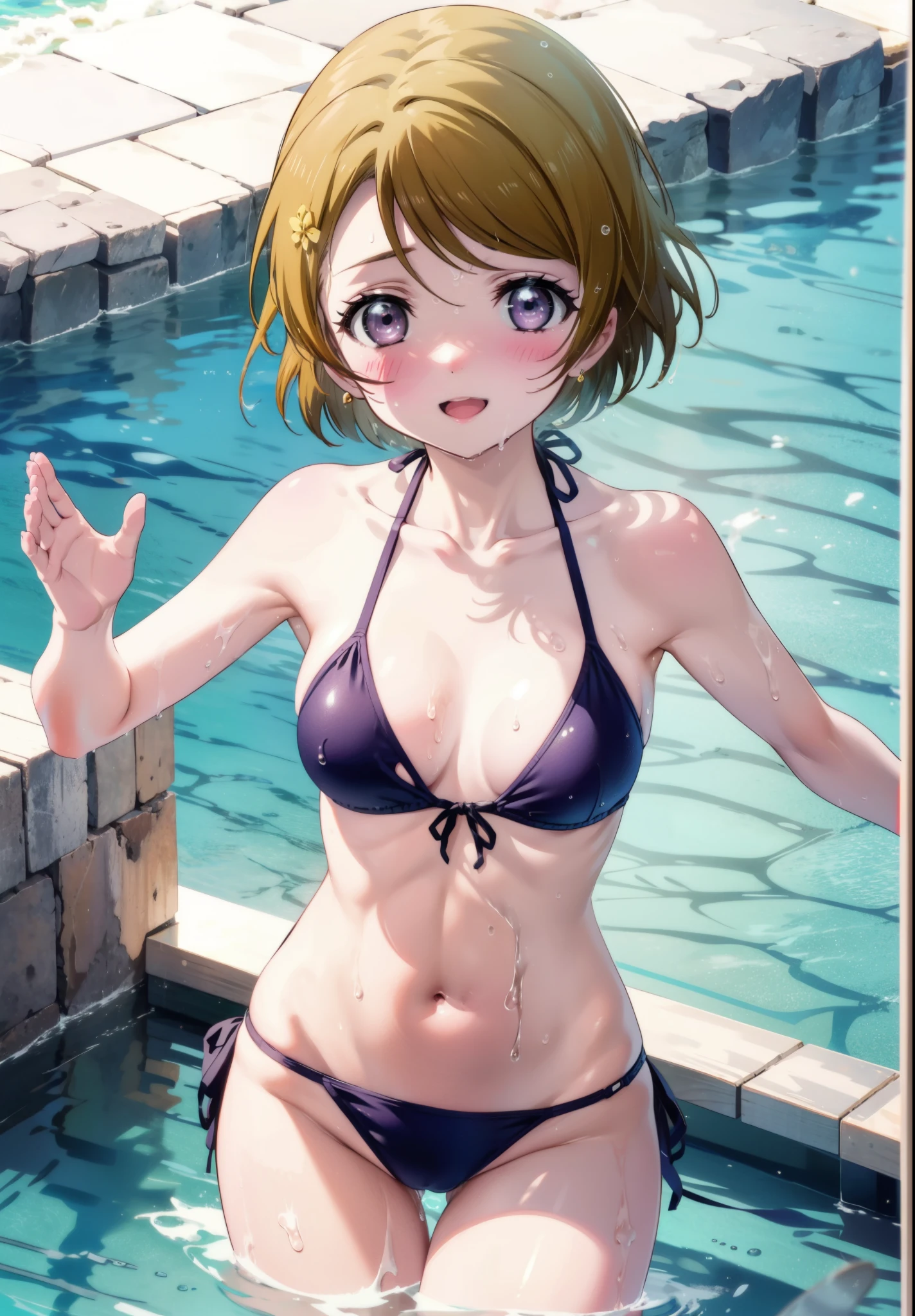 Hanayo Koizumi, hanayo Koizumi, short hair, Brown Hair, Purple eyes,Big Breasts,smile,Open your mouth,blush,Green string bikini swimsuit,barefoot,Wet swimsuit,Wet Skin,Wet Hair,Water Play,True Summer,Daytime,Clear skies,whole bodyがイラストに入るように, break looking at viewer, whole body,(Cowboy Shot:1. 5) break outdoors, Ocean,Beach, break (masterpiece:1.2), Highest quality, High resolution, unity 8k wallpaper, (shape:0.8), (Beautiful attention to detail:1.6), Highly detailed face, Perfect lighting, Highly detailed CG, (Perfect hands, Perfect Anatomy),