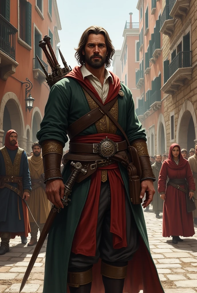 a very white European man merchant from Venice, straight dark brown hair, with a brown beard, clothes not so exuberant and not so simple. Carrying weapons. In the background there are old streets. With ancient architecture and lots of people in the background