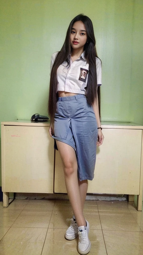 RAW, Best quality, high resolution, masterpiece: 1.3), Beautiful young indonesian girl,,very longhair girl, floor length hair,length knee hair,seductive pose, sensual body, on a top of table of class room,((senior high school clothes)), 4k, HDR, 1girl, photorealistic, realistic, big breasts, ((whole body)), class-room,((Behind there is a whiteboard with the words @XBUNX)),wear white shoes