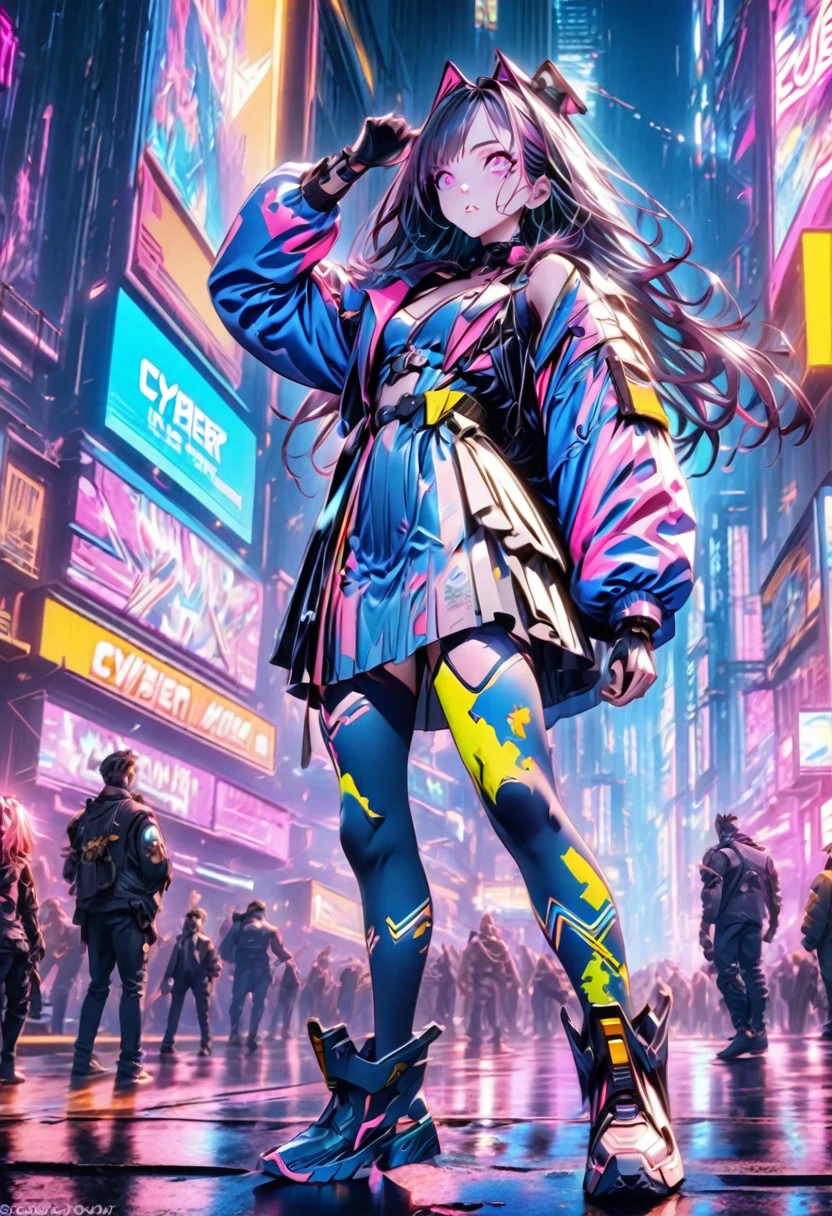 anime style screenshot of a man in a futuristic city, Cyberpunk art inspired by Sebastian Vrancx, Trends in CG society, neo-dada, cyber universe style, cyber punk setting, a cyberpunk 2077, Hyper Ultra detailed, 8k Character Details, hero pose colorful city lighting, cybernetically armored dress, New Character, neon punk