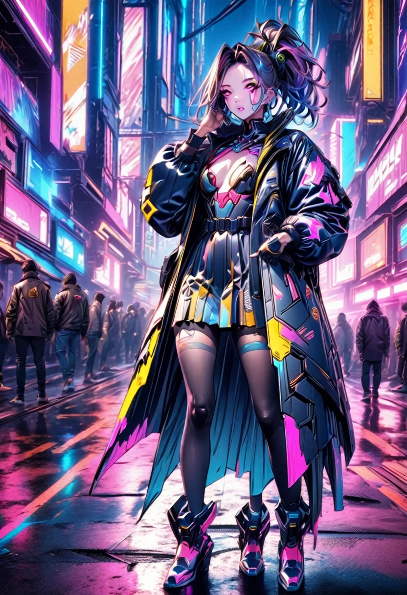 anime style screenshot of a man in a futuristic city, Cyberpunk art inspired by Sebastian Vrancx, Trends in CG society, neo-dada, cyber universe style, cyber punk setting, a cyberpunk 2077, Hyper Ultra detailed, 8k Character Details, hero pose colorful city lighting, cybernetically armored dress, New Character, neon punk