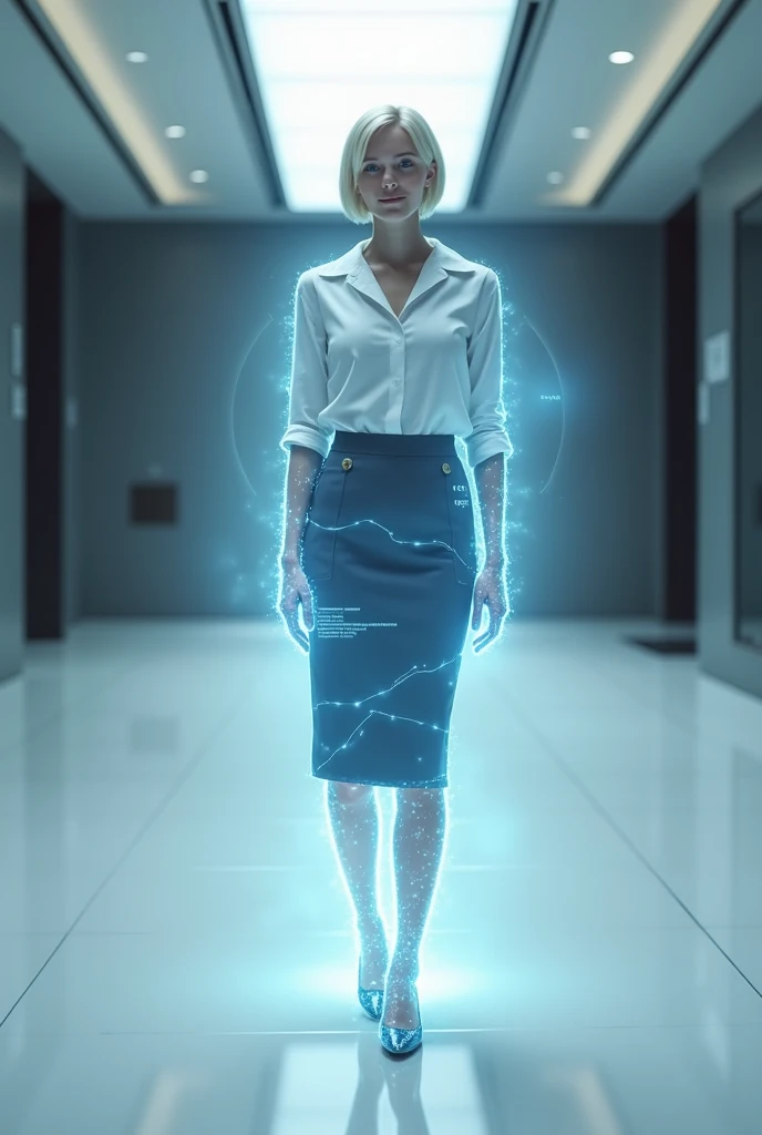 (photorealism:1.2), beautiful woman, swedish, blonde, smiling,, assistant, pencil skirt, 18yo, corporate lobby, white floor and ceiling, lights out, hologram, projection, floating above ground, looking at camera, short hair, transparent girl