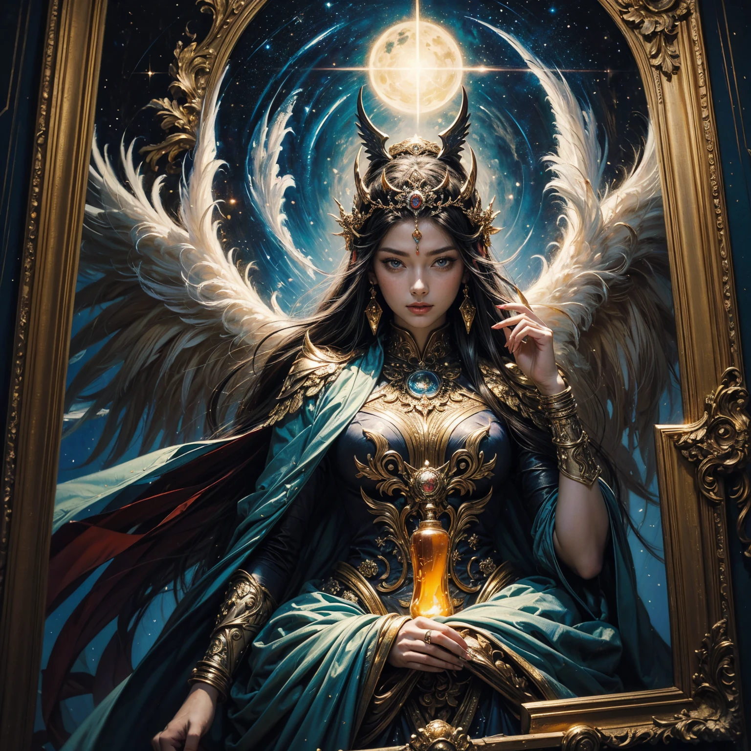 (Tabletop, Highest qualityの, (((((woman)))))、Highest quality, Official Art, (beautifully、beautiful:1.4), (Oil painting:1.4) ),（（male））  (lucifer), God of Japanese God Stories々々, fleeting beauty, A mysterious god illuminated by the starry sky, Winged Angel、god&#39;Grace, Calm and thoughtful expression, Flowing Heavenly Robe, Dazzling silver stars light up the night view, Dance of shadows and lights, Whispers of Ancient Legends、