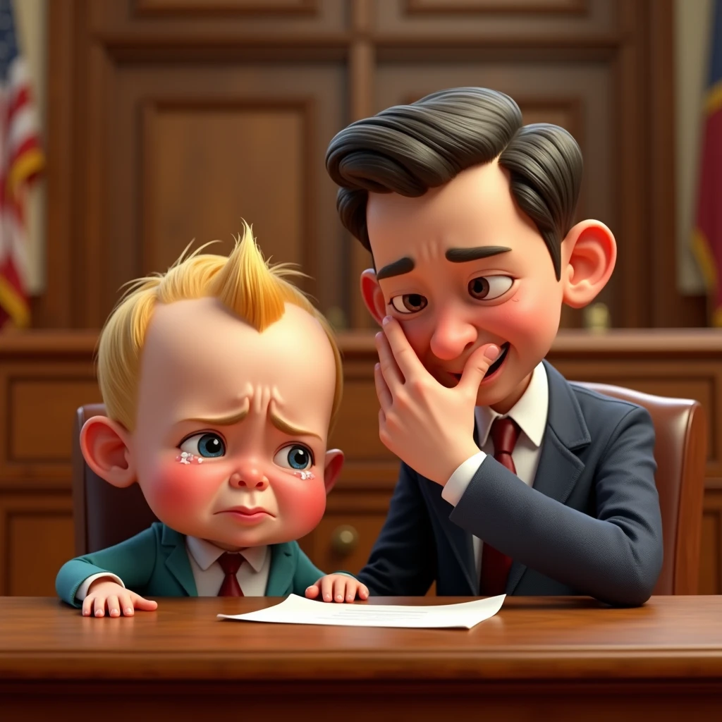 Im Stil von Pixar 3D- The animated film, Caricature. A baby with blond hair sits in the dock in court and cries tears. A lawyer sits next to the baby and holds his hand in front of his face (facepalm).