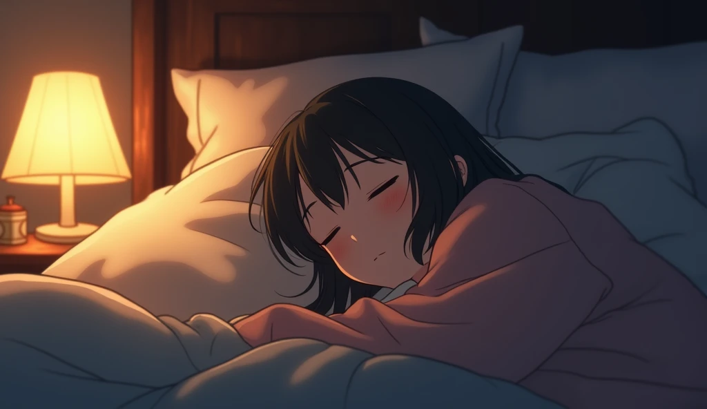 Anime bedroom scene at night, close-up on a young woman asleep,
surrounded by plush pillows and a cozy blanket, soft ambient lighting from a
bedside lamp, delicate facial expressions, Studio Ghibli inspired, warm and
comforting tones --ar 16:9 --niji 6