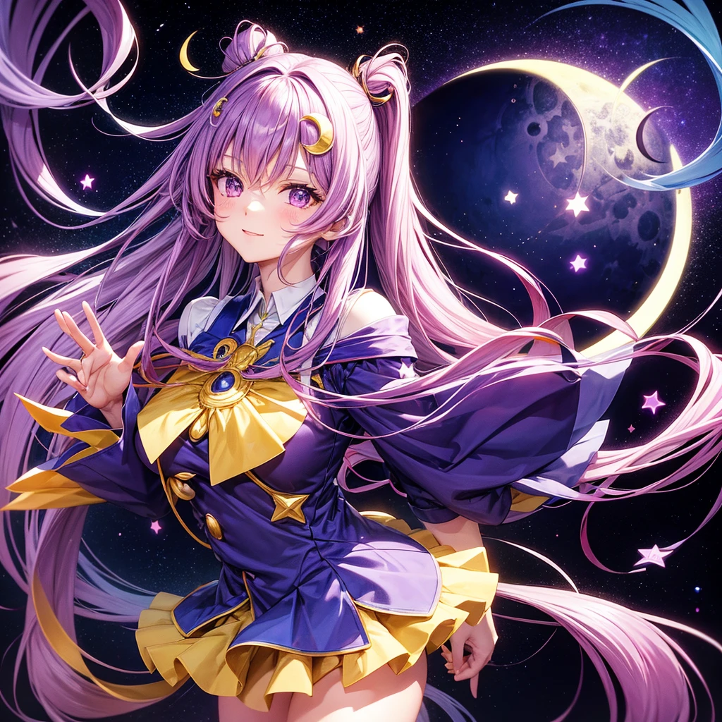 Logo featuring an anime girl with long straight purple hair with fuzzy tips on top of a crescent moon with a star and heart (in bright colors) the background of the image in white 