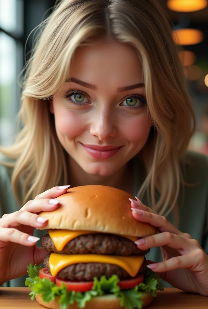 [Ouverture] : Gros plan sur une femme an visage realiste ainsi qu'aux yeux verts et aux cheveux lisses blond, assise à une table. [Action] : Elle prend un hamburger composé de 2 steack savoureux du fromage bien fondant coulant sur les bords, avec quelque tomates et de belle feuilles de salade. avec les deux mains et l'approche de sa bouche. [Détail] : Zoom sur le hamburger avec ses ingrédients appétissants. [Clôture] : La femme prend une bouchée avec un sourire de plaisir, montrant clairement qu'elle apprécie chaque instant. Texte à l'écran : "Délicieux à chaque bouchée !"