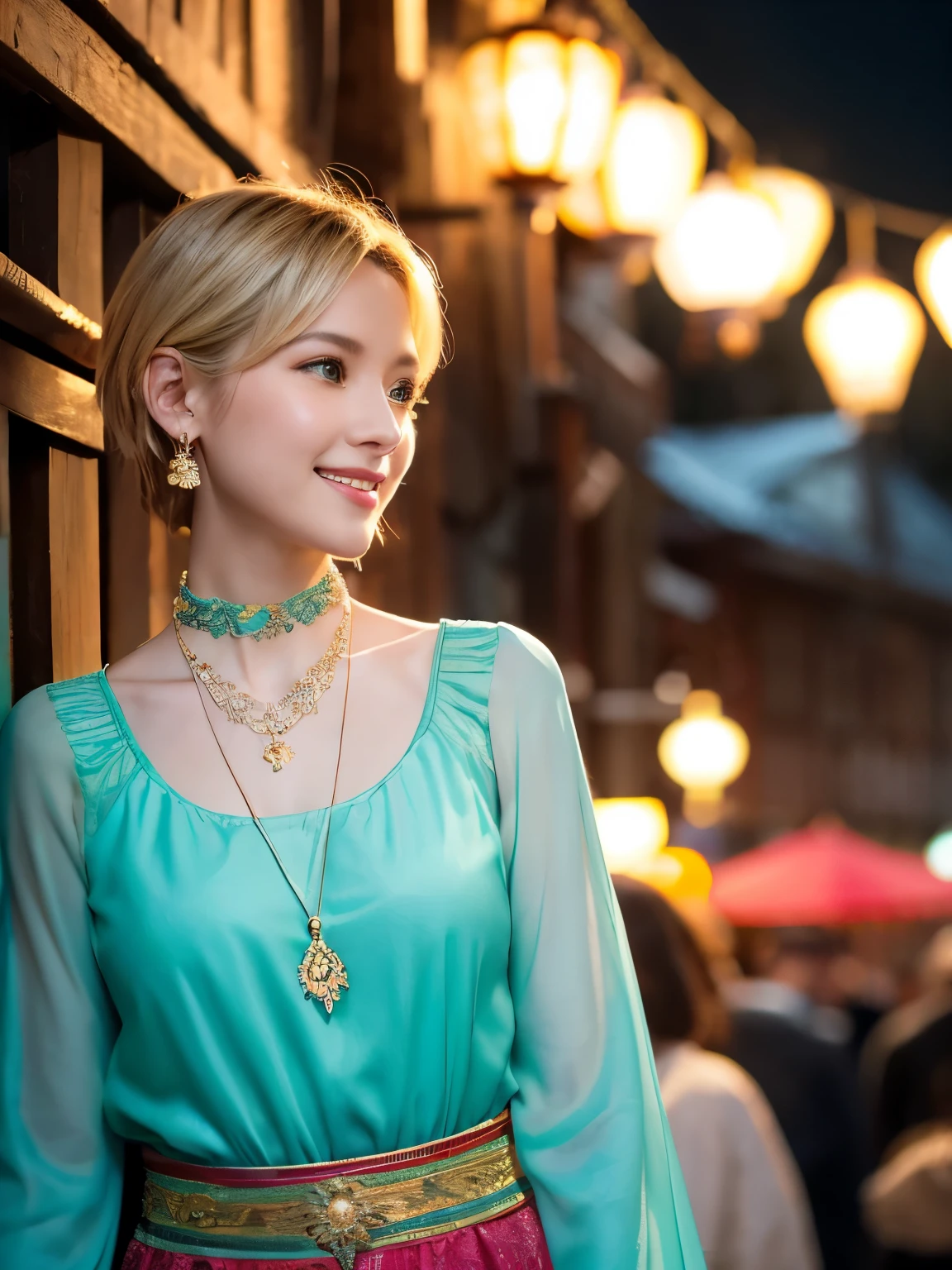A vibrant scene in a bustling street market illuminated by warm lantern lights. The central character is a young woman with short blonde hair and sparkling green eyes, dressed in an elegant, detailed white and gold dress with a fantasy vibe. The dress features intricate embroidery, a choker-style collar, and golden accents along the bodice. Her cheerful expression is highlighted by her bright smile, and she wears jewelry, including a turquoise pendant necklace, matching earrings, and bracelets. The setting is an old town with traditional wooden buildings adorned with hanging lanterns, adding a festive and warm atmosphere. Several background characters are visible, dressed in more subdued, modern clothing, walking or browsing stalls. The evening light casts soft shadows, enhancing the charm and liveliness of the environment. The perspective captures the scene from a slight low angle, focusing on the main character while still showcasing the surrounding vibrant market atmosphere.