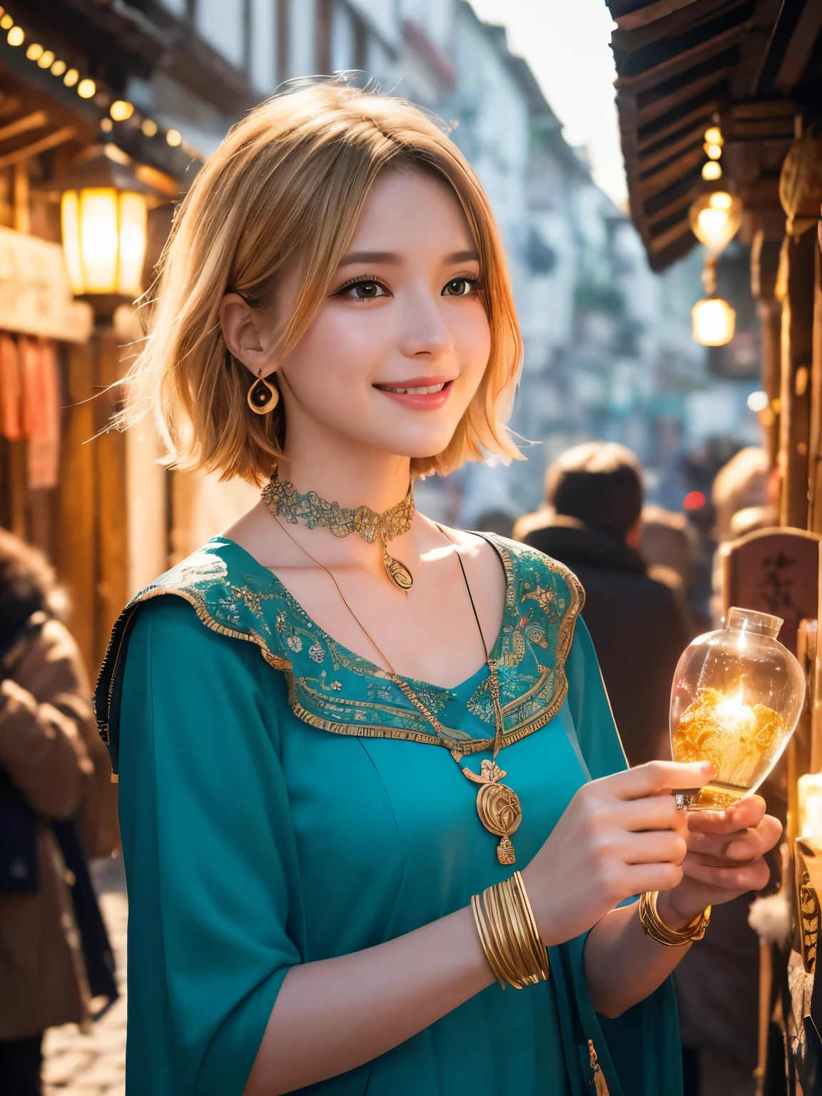 A vibrant scene in a bustling street market illuminated by warm lantern lights. The central character is a young woman with short blonde hair and sparkling green eyes, dressed in an elegant, detailed white and gold dress with a fantasy vibe. The dress features intricate embroidery, a choker-style collar, and golden accents along the bodice. Her cheerful expression is highlighted by her bright smile, and she wears jewelry, including a turquoise pendant necklace, matching earrings, and bracelets. The setting is an old town with traditional wooden buildings adorned with hanging lanterns, adding a festive and warm atmosphere. Several background characters are visible, dressed in more subdued, modern clothing, walking or browsing stalls. The evening light casts soft shadows, enhancing the charm and liveliness of the environment. The perspective captures the scene from a slight low angle, focusing on the main character while still showcasing the surrounding vibrant market atmosphere.