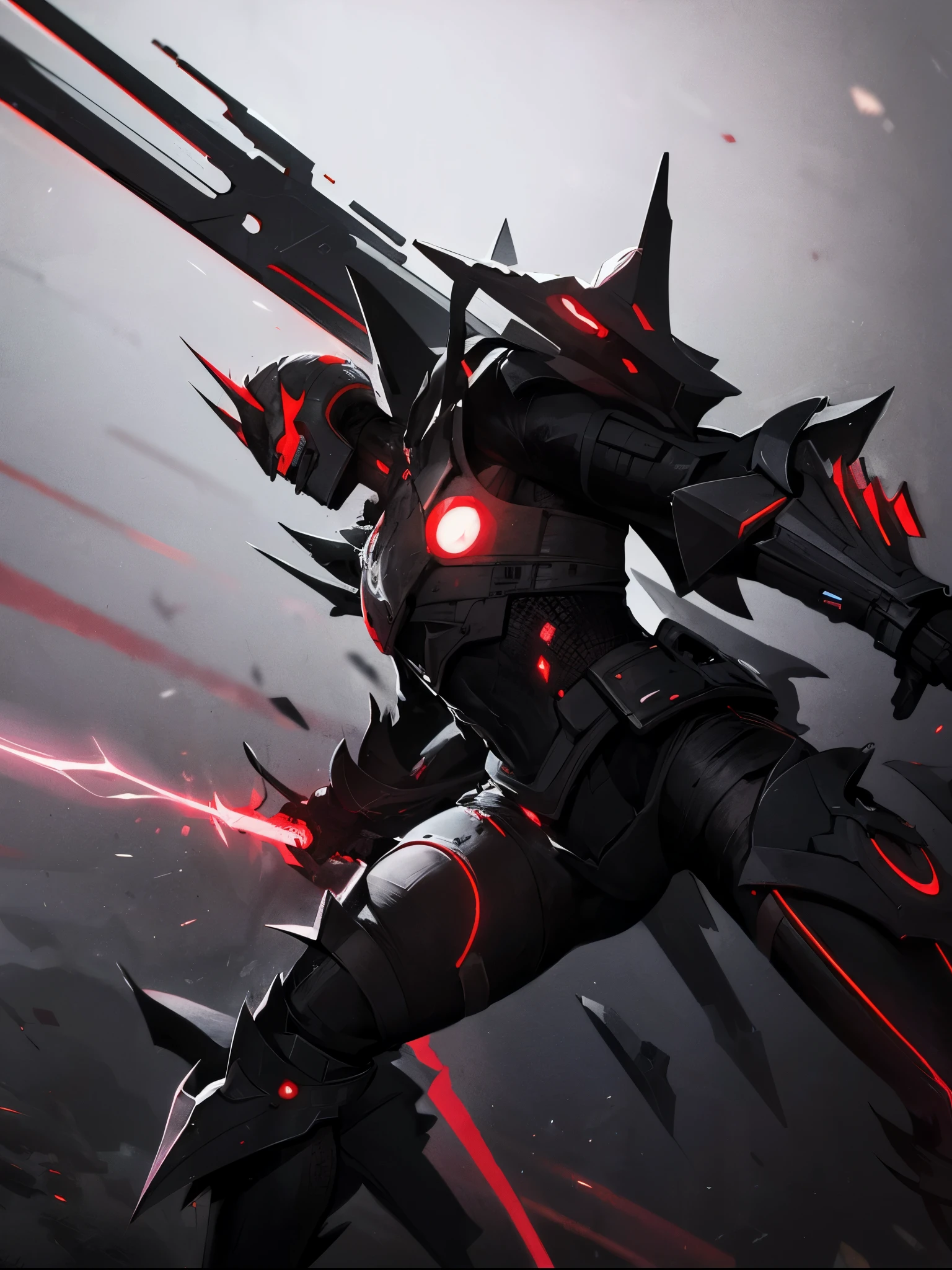 A futuristic cyber warrior in an aggressive stance, prepared for battle. The character is in a low position, with legs extended and firmly planted, while holding a black katana with a red aura that emits an intense and fiery glow. The warrior wears black, sturdy armor., with angular and sharp details, and multiple metallic cables or tentacles extending from its back. The helmet is dark and completely covers the face., showing only three bright red heartbeat-shaped lines running horizontally across the visor, adding an intimidating and technological air. The background is minimalist, with a greyish tone, and small red sparks or particles floating in the air, complementing the dark and dynamic atmosphere of the scene. The style of the image is dark and dystopian, with a focus on contrasts of light and shadow, highlighting the red details against the predominant black and grey.