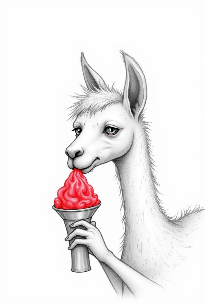Only facial hair、A hairless alpaca spends the hot summer eating red shaved ice。He looks exhausted from the heat.。Black and white pencil drawing。
Generate a crappy picture