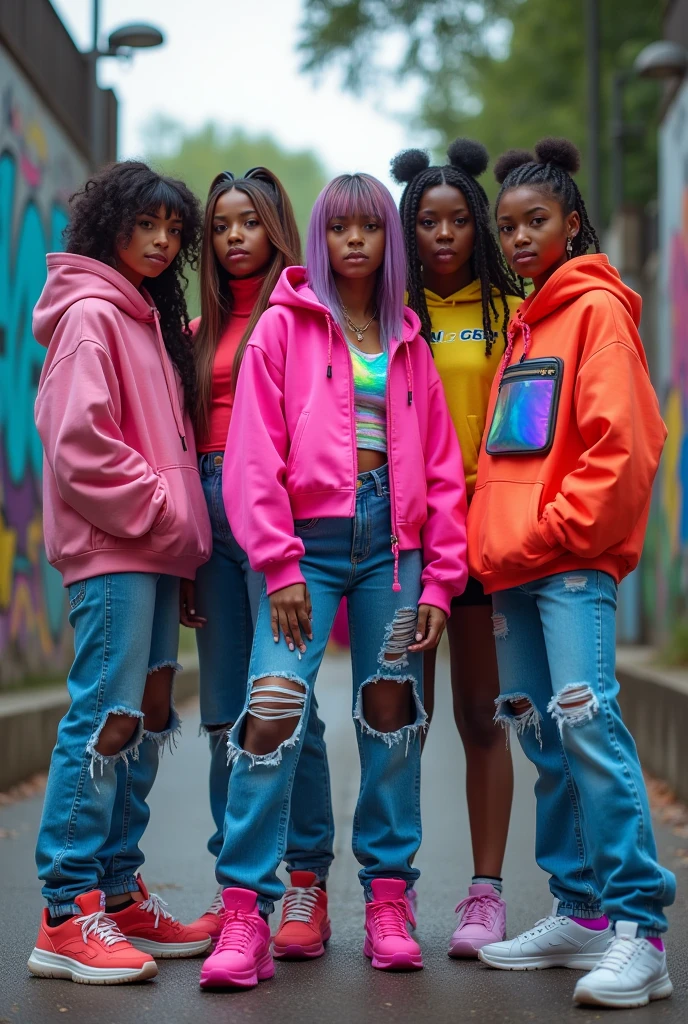 [Subject: Cyberpunk Warriors in Vibrant Urban Fashion] A high-resolution, cinematic image featuring a diverse group of young adults in bold, retro-futuristic outfits, set in a graffiti-covered urban park.

**Character 1**: Neon pink oversized hoodie, bright green leggings, orange combat boots, and large neon sunglasses. Sleek hair with neon streaks.

**Character 2**: Neon orange puffer jacket, electric blue leggings, reflective sneakers, and glowing fanny pack. Voluminous curls with neon highlights.

**Character 3**: Neon green bomber jacket, black joggers with glowing stripes, high-tech sneakers. Short spiky hair with neon accents.

**Character 4**: Neon yellow windbreaker, bright pink leggings, chunky orange boots, oversized sunglasses. Sleek bob with a neon pink tint.

**Character 5**: Neon blue hoodie, distressed black jeans with holographic patches, rugged orange boots, neon green beanie.

The group poses near a graffiti wall in the urban park, exuding vibrant, cyberpunk energy.

[Lighting: Natural light with neon accents] [Camera: Group shot] [Resolution: 8k, hyper-realistic] [Style: Cyberpunk casual, retro-futuristic, cinematic] [Inspiration: Cyberpunk 2077, Urban Streetwear].

