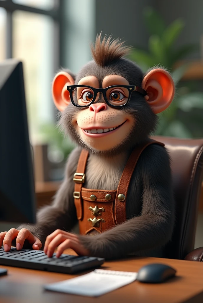 a monkey in Bavarian leather pants, in the office, with glasses working on a computer, happy, Laught , Ambitious, called,