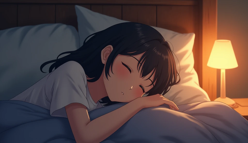 Anime bedroom scene at night, close-up on a young woman asleep,
surrounded by plush pillows and a cozy blanket, soft ambient lighting from a
bedside lamp, delicate facial expressions, Studio Ghibli inspired, warm and
comforting tones --ar 16:9 --niji 6