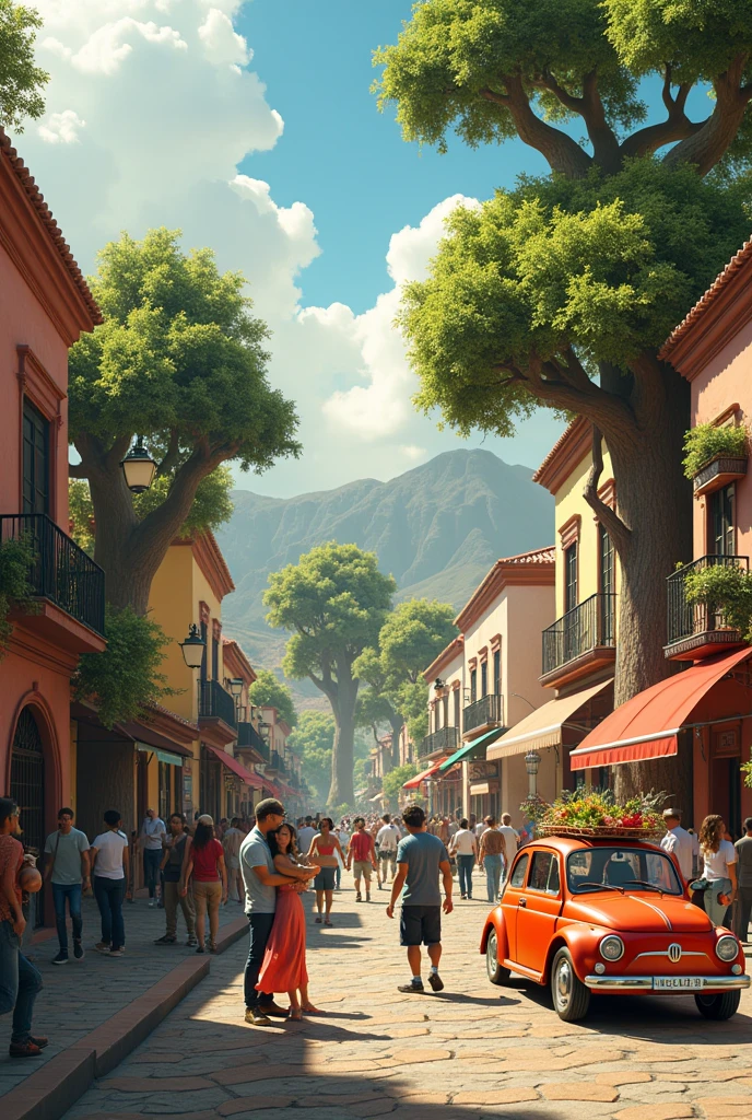 SMALL VEHICLES AS DECORATIONS AND TREES AS LIVING BEINGS WITH PEOPLE IN THE CITY OF AREQUIPA