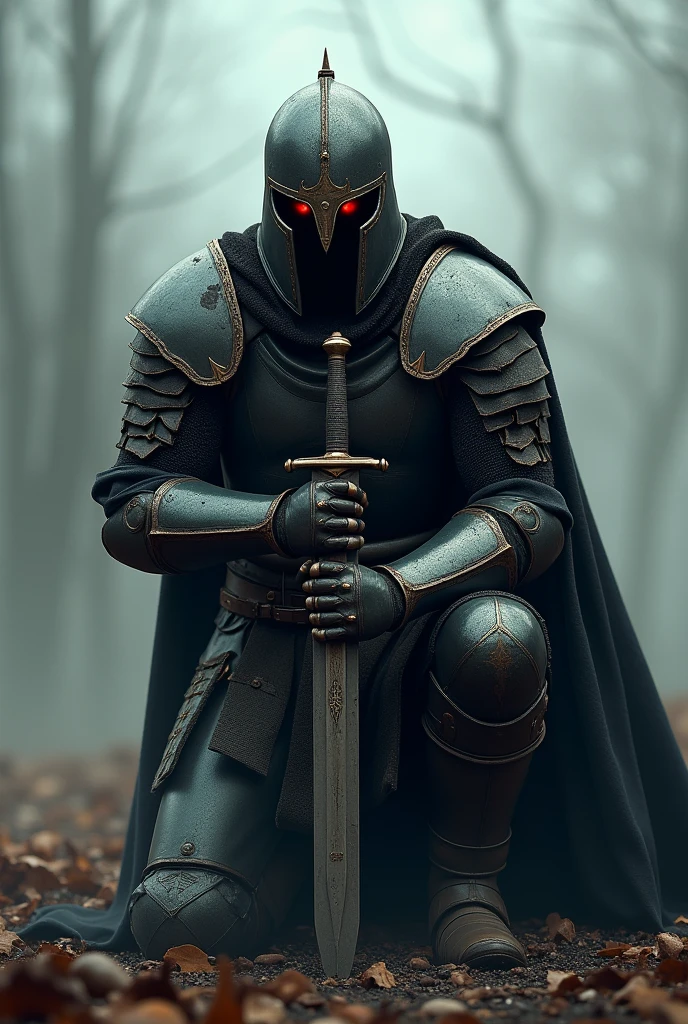 An English warrior with a helmet and red eyes on his knees with a sword in his hand