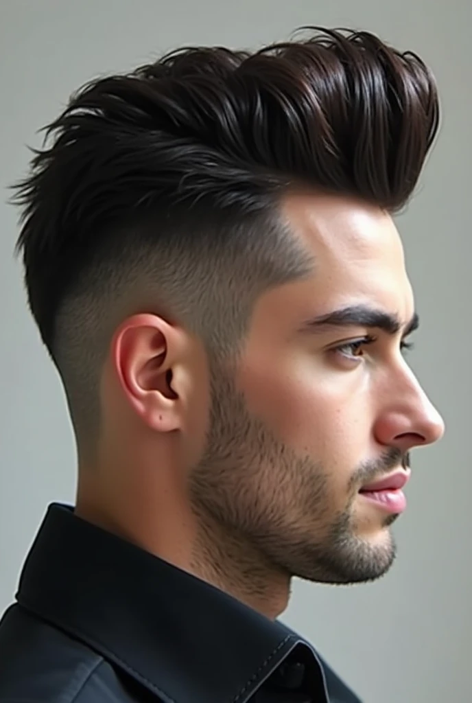 Men's Pompadour hairstyle, facing to the right, short sides, only the head visible.