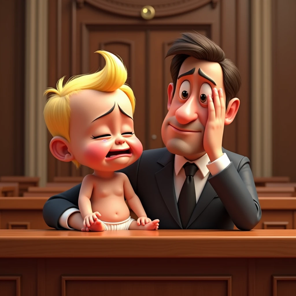 Im Stil von Pixar 3D- The animated film, Caricature. A baby with blond hair sits in the dock in court and cries tears. A lawyer sits next to the baby and holds his hand in front of his face (facepalm).