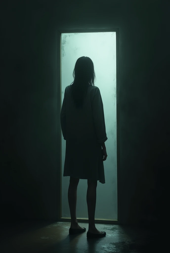 A person stands in front of a mirror, with dim light and faint shadows in the mirror.