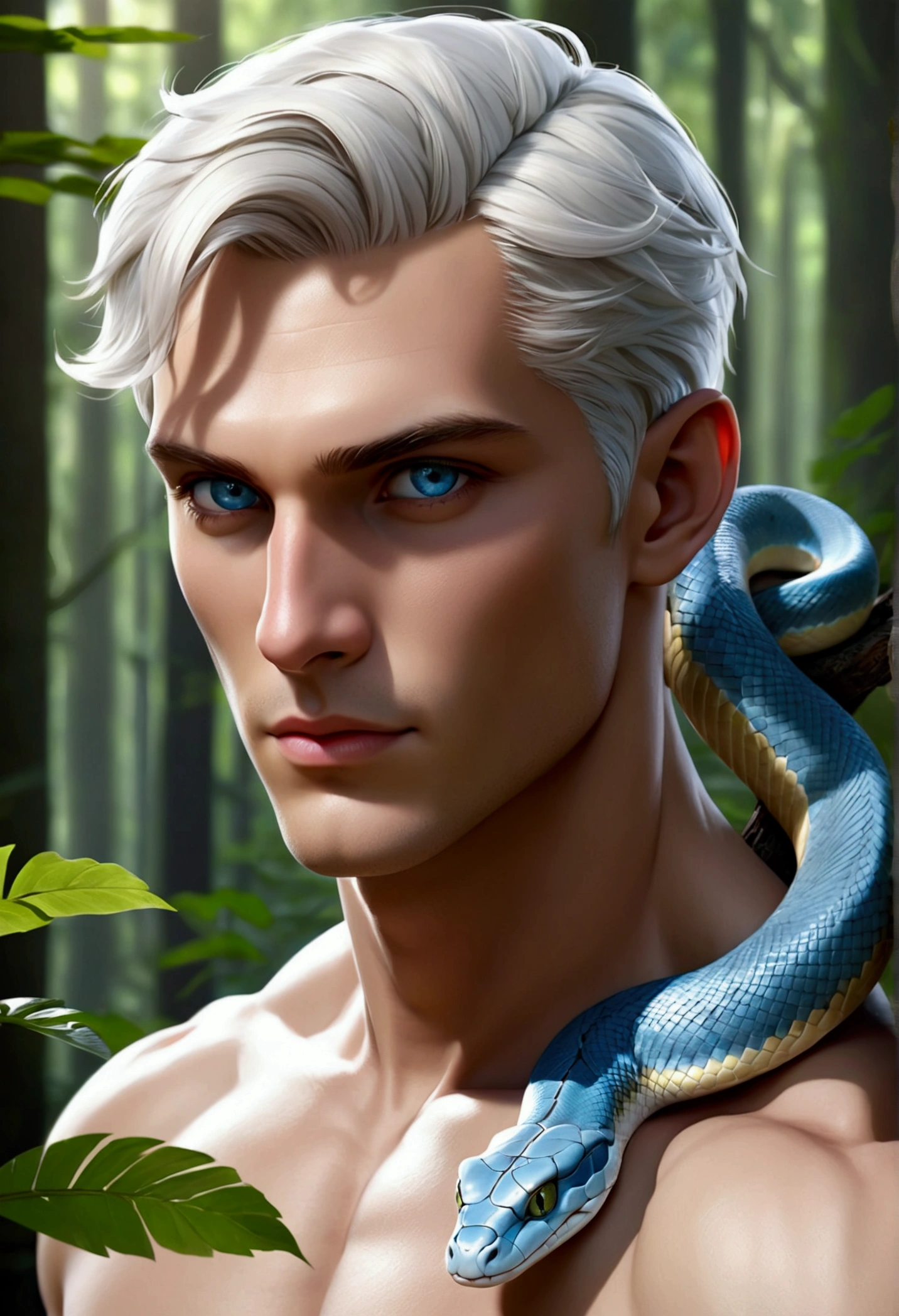 ((best quality)), ((masterpiece)), (detailed), perfect face, a beautiful man, he is half human and half snake, he has a human face with gentle traits, he has a human torso, from the torso down he is a snake. He has white short hair and sky blue eyes, his scales are white with sky blue reflection. Total body. In the forest.