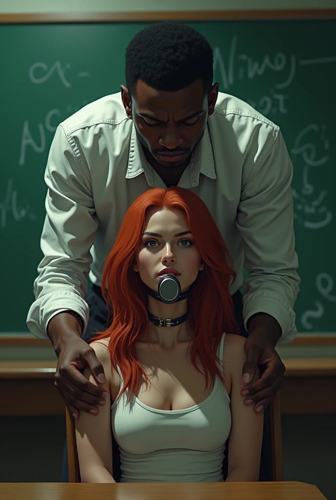 Dans une salle de classe avec une ambiance verte et argent. une etudiante avec des cheveux rouges ondulés et longs . Elle est assise sur une chaise attachee avec des menottes. Entre ses lèvres dans sa bouche elle a un bâillon.
Le prof vient de l'île de la reunion il a un teint mat des cheveux noir et court il provoque son élève en la touchants aux epaules. Sur son visage on voit la satisfaction d avoir le controle sur son eleve