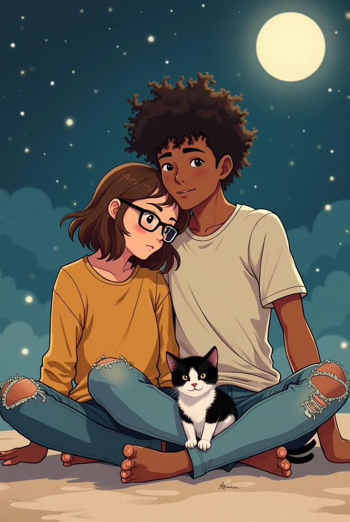 The characters in the cartoon have an intimate and peaceful connection, transmitted by relaxed posture and body expressions. The girl, with light skin, brown hair and glasses, wears a yellow casual outfit, while the boy, dark skinned and short hair, and curly,wears a light-colored t-shirt and ripped jeans with clothes that reflect a relaxed attitude.
them under the stars and the full moon, with a black and white kitten on the side sketch 