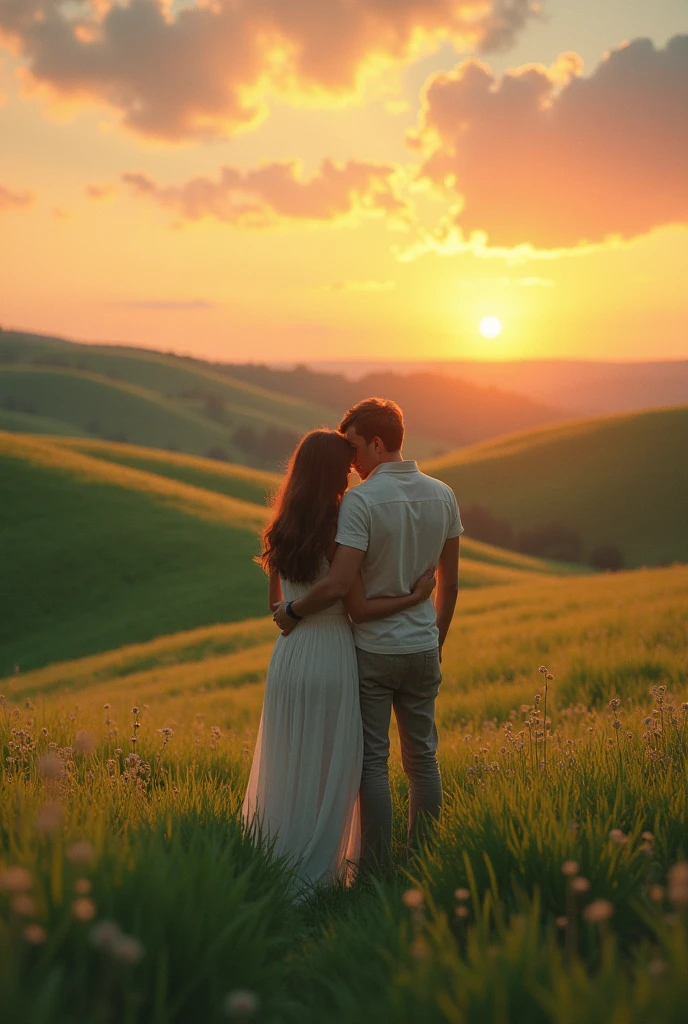 A couple with their backs turned, standing in the middle of a rolling, sprawling green field, with the sun setting on the horizon, Bathing the landscape in warm shades of orange, pink and gold. The couple is hugging, with a relaxed and romantic posture. She is wearing a long dress, fluid and soft in color, while he wears casual clothes, like a light shirt and pants. The style of the image is clearly vintage, with a slightly faded filter and softly blurred edges, evoking a sense of nostalgia and tranquility. The colors are dull, with a slight patina that gives the feeling of an old photograph. The sky shows soft brushstrokes of clouds, and the sunlight reflects on the grass, creating a warm and welcoming atmosphere.