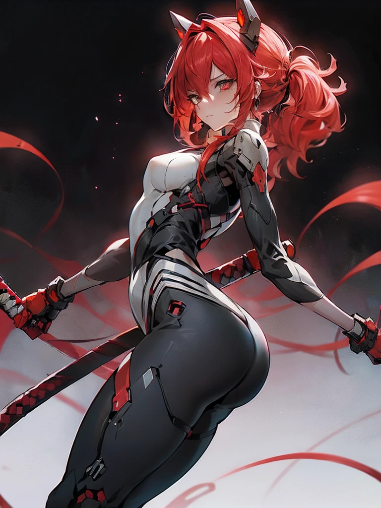 A futuristic cyber warrior in an aggressive stance, prepared for battle. The character is in a low position, with legs extended and firmly planted, while holding a black katana with a red aura that emits an intense and fiery glow. The warrior wears black, sturdy armor., with angular and sharp details, and multiple metallic cables or tentacles extending from its back. The helmet is dark and completely covers the face., showing only three bright red heartbeat-shaped lines running horizontally across the visor, adding an intimidating and technological air. The background is minimalist, with a greyish tone, and small red sparks or particles floating in the air, complementing the dark and dynamic atmosphere of the scene. The style of the image is dark and dystopian, with a focus on contrasts of light and shadow, highlighting the red details against the predominant black and grey.