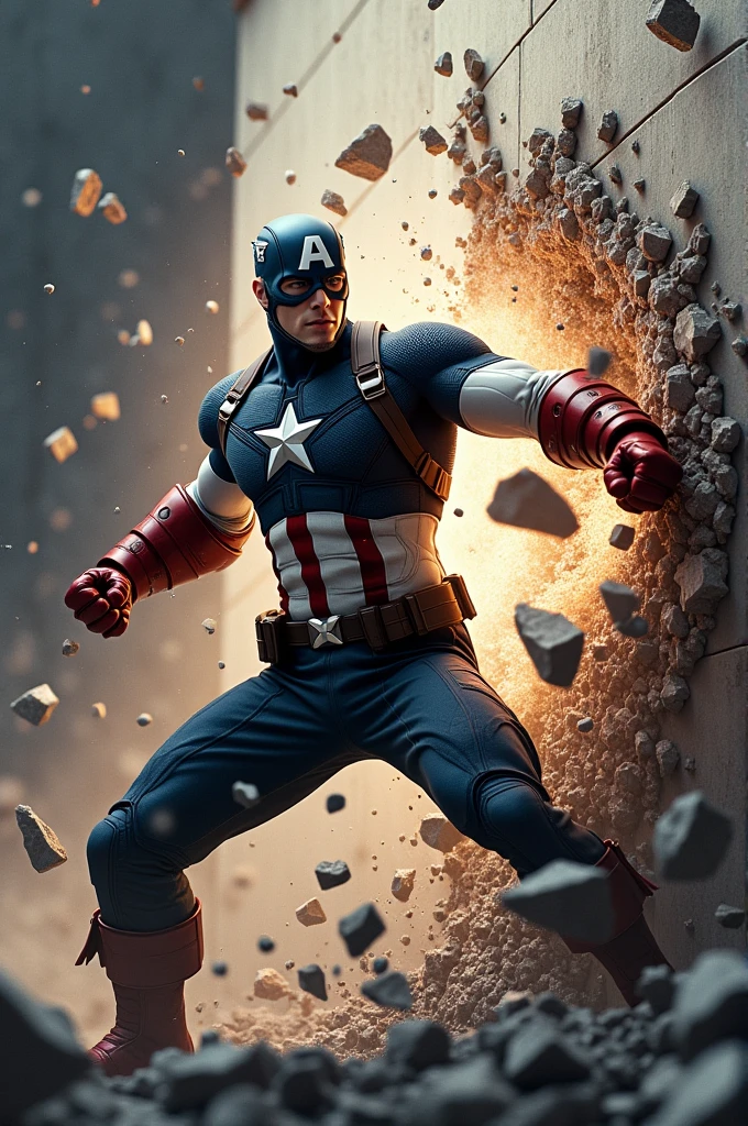 Captain America punching the wall and breaking it