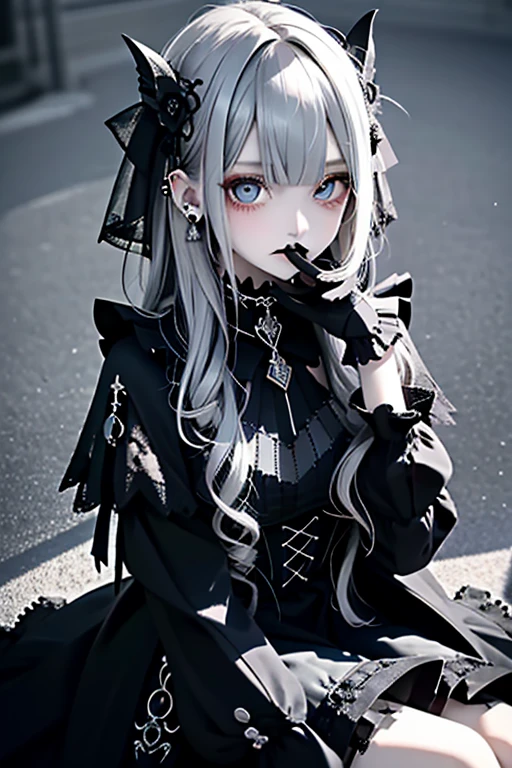 best，Super masterpiece， hight resolution， top-quality， nffsw， super detailing， awardwinning， 16 K，（The upper part of the body），A beautiful maiden， Grey Hair，Strands of hair，（（Iris heterochromic pupil）），Hanging eye corners，Fair skin，（Small chest），（Slim body），（（Gothic style clothing）），（neck rings），（Gloves as short as half a palm）