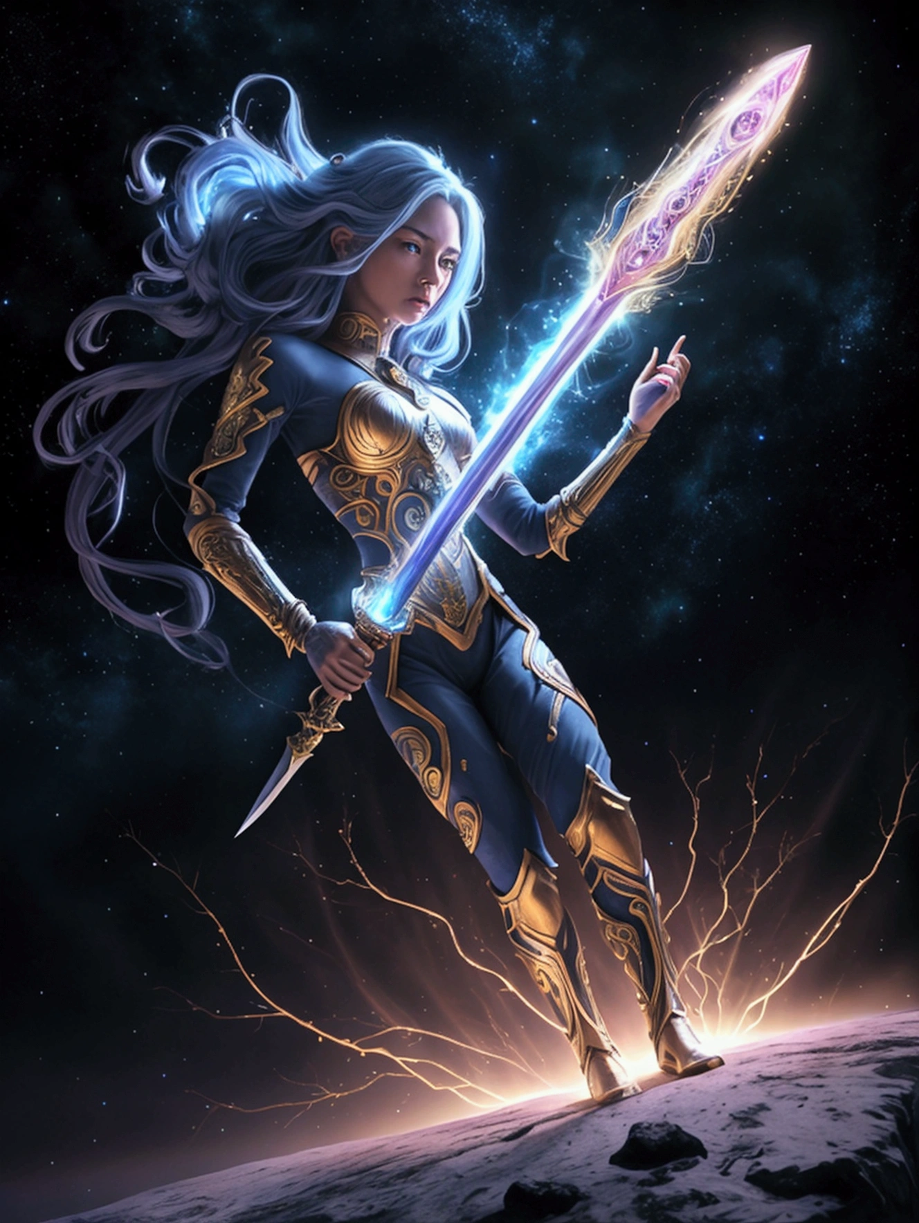 a cosmic being, cosmic sword, 2D art, magical, detailed digital art, highly detailed, cinematic, dramatic lighting, glowing energy, surreal, vibrant colors, fantasy, epic scale, intricate design, mystical, powerful, awe-inspiring, stunning, photorealistic, (best quality,4k,8k,highres,masterpiece:1.2),ultra-detailed,(realistic,photorealistic,photo-realistic:1.37)