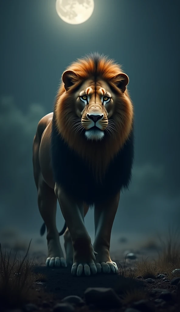 Generate an ultra realistic 8k image of a beautiful strong robust lion, the night