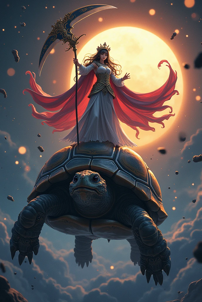 A turtle swimming in space with the sun behind it, with a anime girl empress ontop of its shell, with a twin edge scythe with a heroic pose