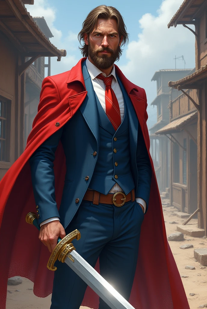 He is a man standing at 1.15 meters tall with a normal build. He has medium-length brown hair and a beard in the style van dyke. He is very well-dressed in a blue suit with a red tie. He carries the legendary sword Excalibur and has a magnificent and especially calming presence. The character should be styled in a fantasy RPG art style and set in the Old West.
