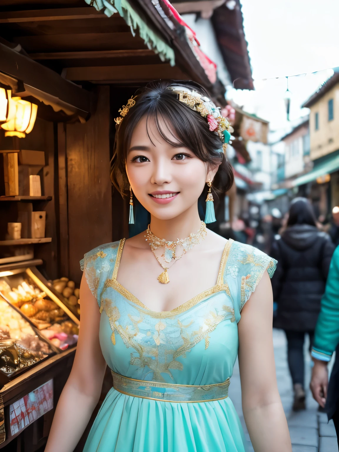 A vibrant scene in a bustling street market illuminated by warm lantern lights. The central character is a young woman with short blonde hair and sparkling green eyes, dressed in an elegant, detailed white and gold dress with a fantasy vibe. The dress features intricate embroidery, a choker-style collar, and golden accents along the bodice. Her cheerful expression is highlighted by her bright smile, and she wears jewelry, including a turquoise pendant necklace, matching earrings, and bracelets. The setting is an old town with traditional wooden buildings adorned with hanging lanterns, adding a festive and warm atmosphere. Several background characters are visible, dressed in more subdued, modern clothing, walking or browsing stalls. The evening light casts soft shadows, enhancing the charm and liveliness of the environment. The perspective captures the scene from a slight low angle, focusing on the main character while still showcasing the surrounding vibrant market atmosphere.