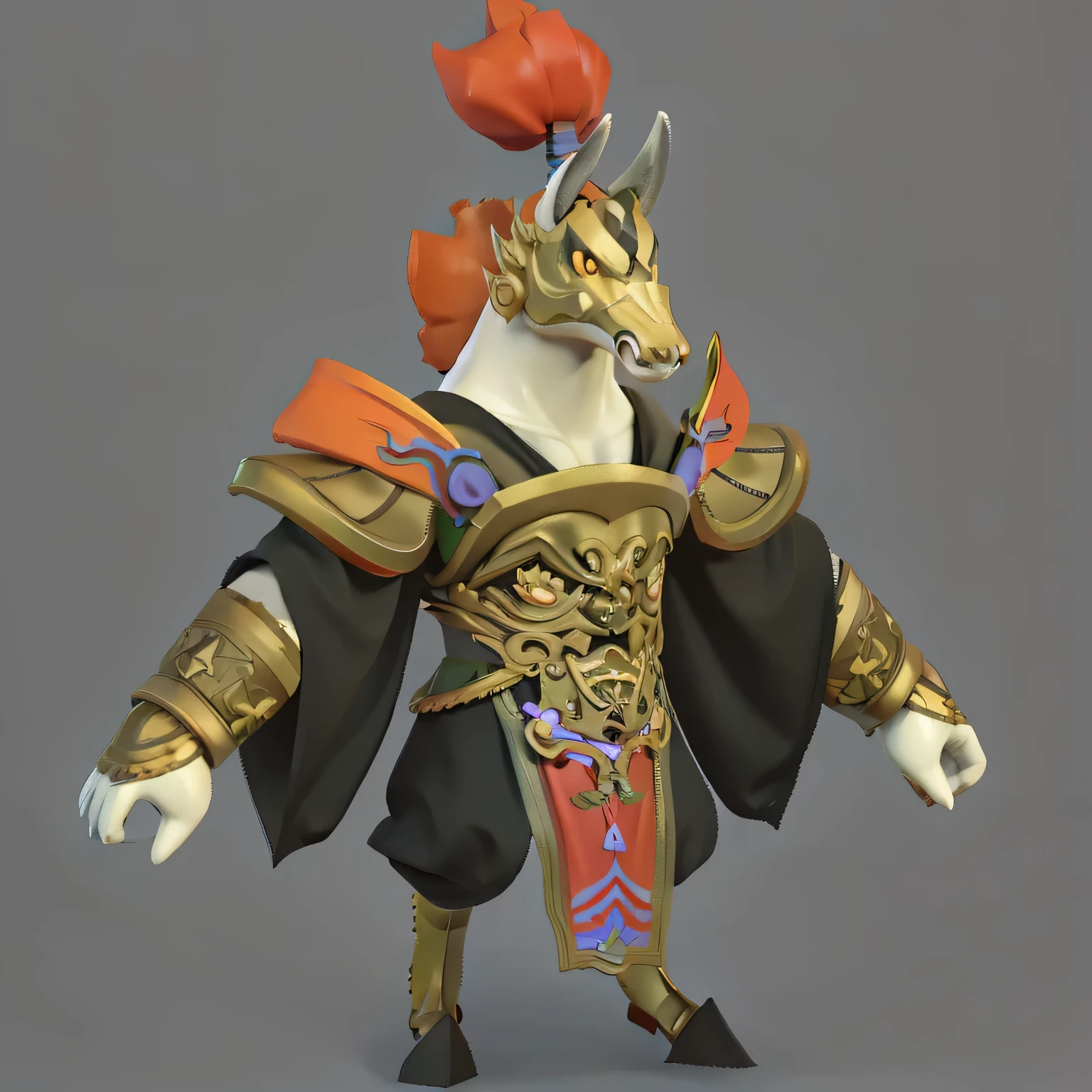 a close up of a cartoon character with a huge breast，Wearing a red hat，A horse-headed monster in a black robe, Fox-inspired armor, Onmyoji detailed art, dota character, A mage robe based on a horse head, character concept model, Stylized characters, 3D rendering style, Stylized as 3D rendering, Stylized 3D, Inspired by Hu Zaobin，3D Character Art，Ashe，2。5 D CGI Anime Fantasy Artwork，CGScosiety，Close-up characters，As seen on the Art Station