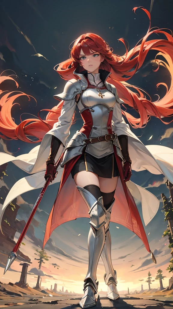 8k,Highest quality, Titania,Silver Armor,Red Hair Dress, belt, Gauntlet, gloves, Armored Boots, forest, View your viewers, walk, Arms at your sides, View your viewers,Sexy Body,Fire emblem,Serious face,With an ax.