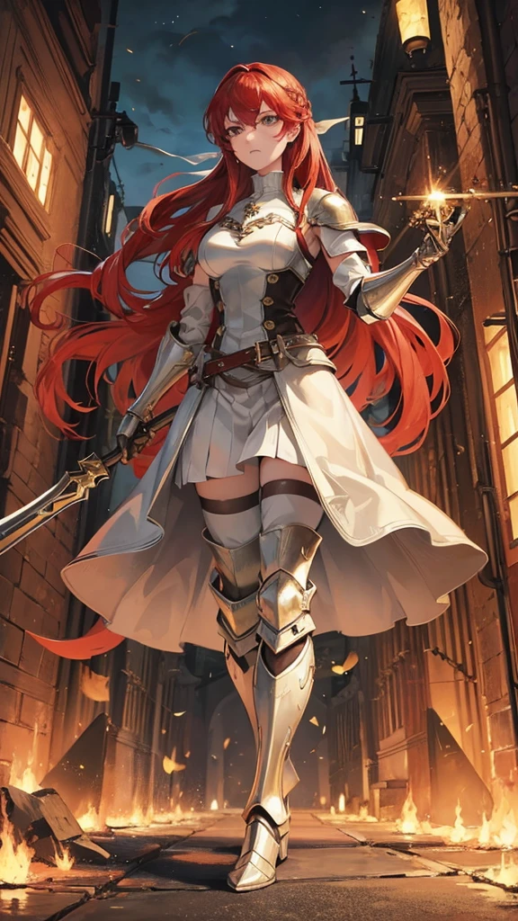 8k,Highest quality, Titania,Silver Armor,Red Hair Dress, belt, Gauntlet, gloves, Armored Boots, forest, View your viewers, walk, Arms at your sides, View your viewers,Sexy Body,Fire emblem,Serious face,With an ax.