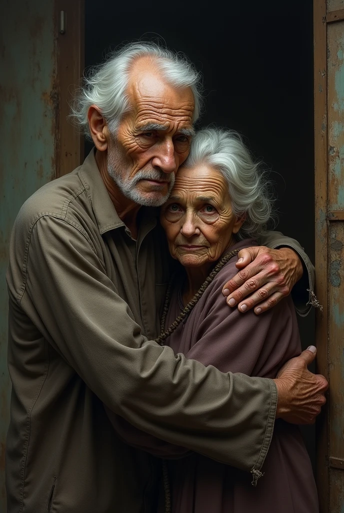 Create an image of an elderly family going through difficulties
