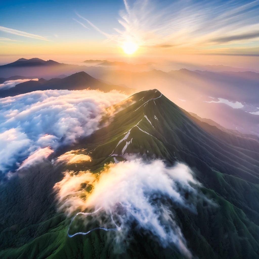 Real photo of Mt. Nokogiri at morning taken by drone from above, gorgeous, magnificent, natural, powerful, good morning.