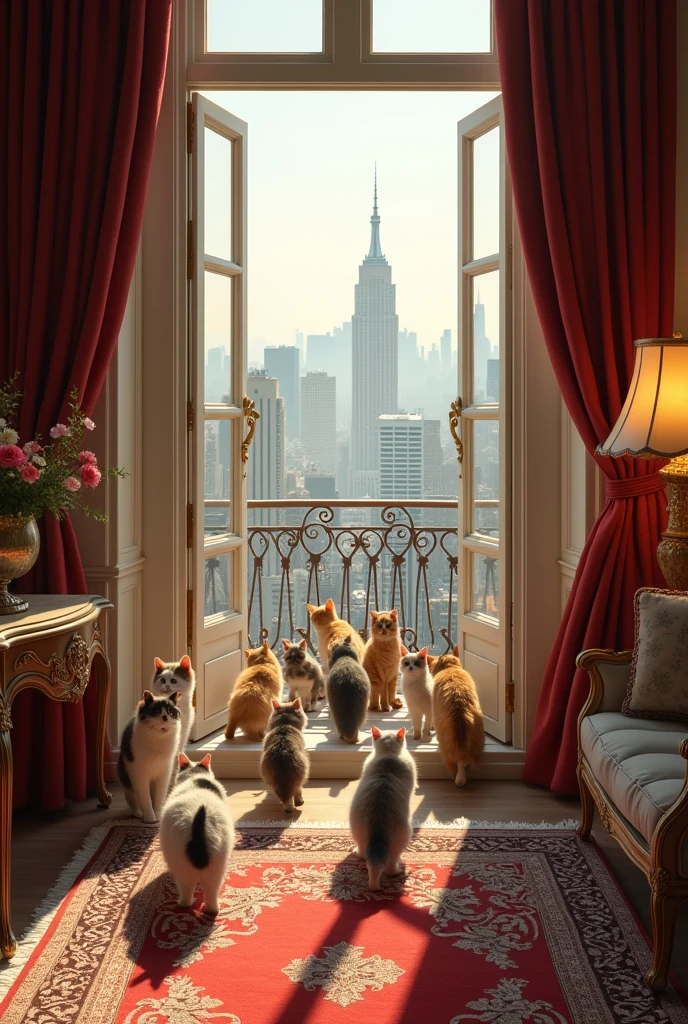 A luxurious apartment with an open window through which many cats are getting in.